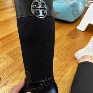 Tory Burch PATTERSON/AFRIKAN size 7 Black/Navy leather/Flannel Riding Boots EUC